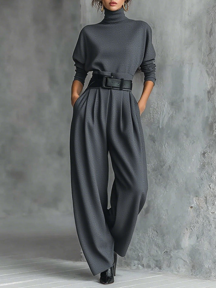 Women's Elegant High Neck Wide Leg Pants Outfit Set