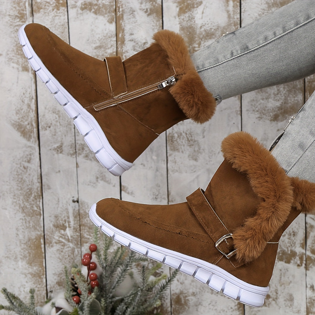 Women's Warm Lined Winter Booties with Buckle Accent