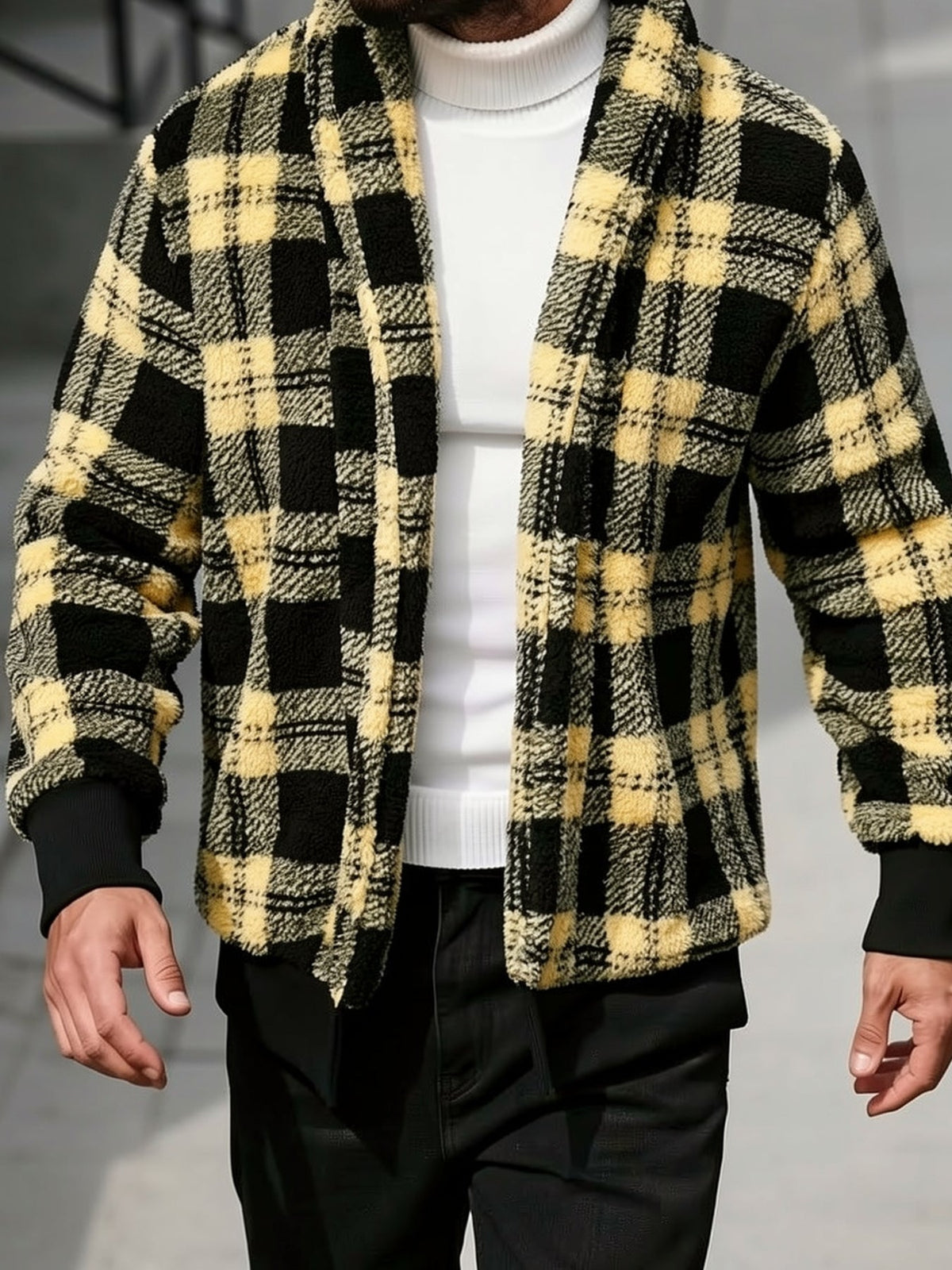 Men's Cozy Plaid-Look Loose-Fit Brushed Jacket