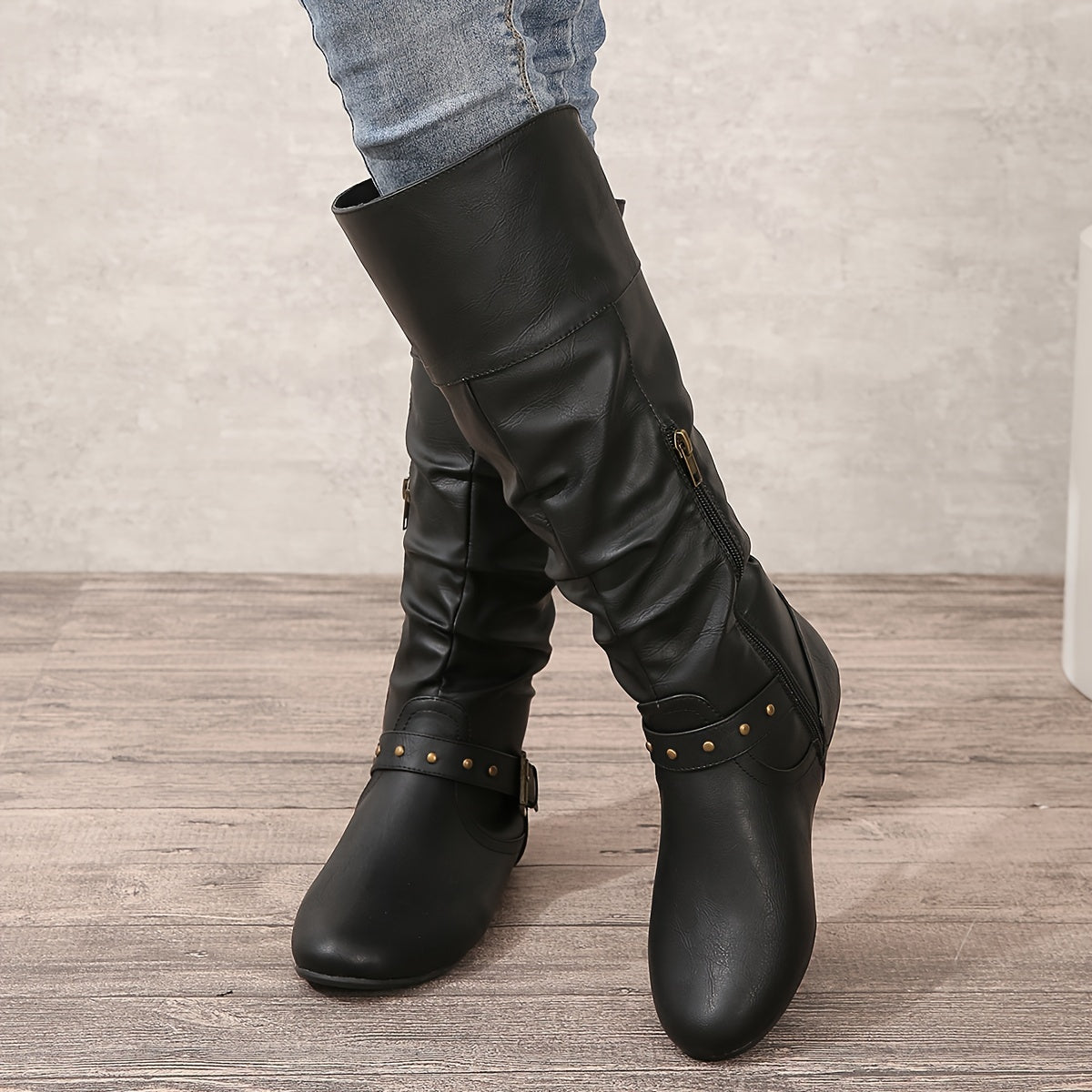 Women's Flat Sole Slouchy Knee-High Boots with Round Toe