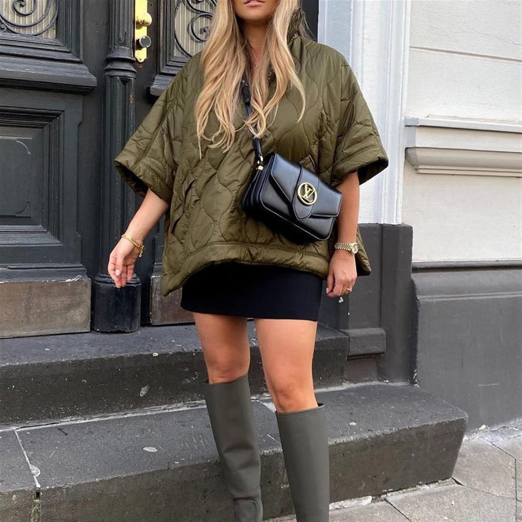 Women's Cape Style Quilted Puffer Outerwear Jacket