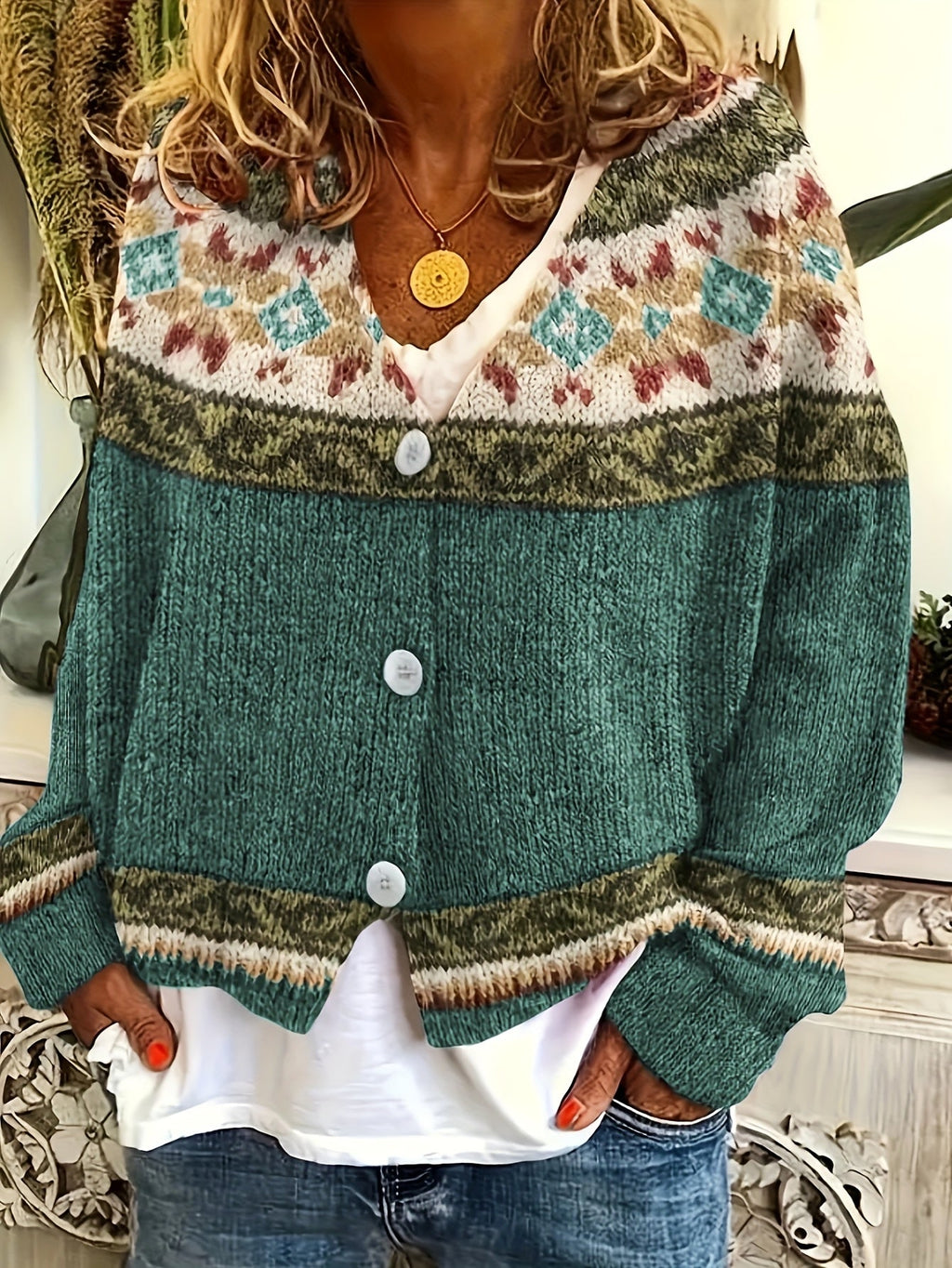 Women's Soft Knit Cardigan Sweater with Geometric Yoke Design