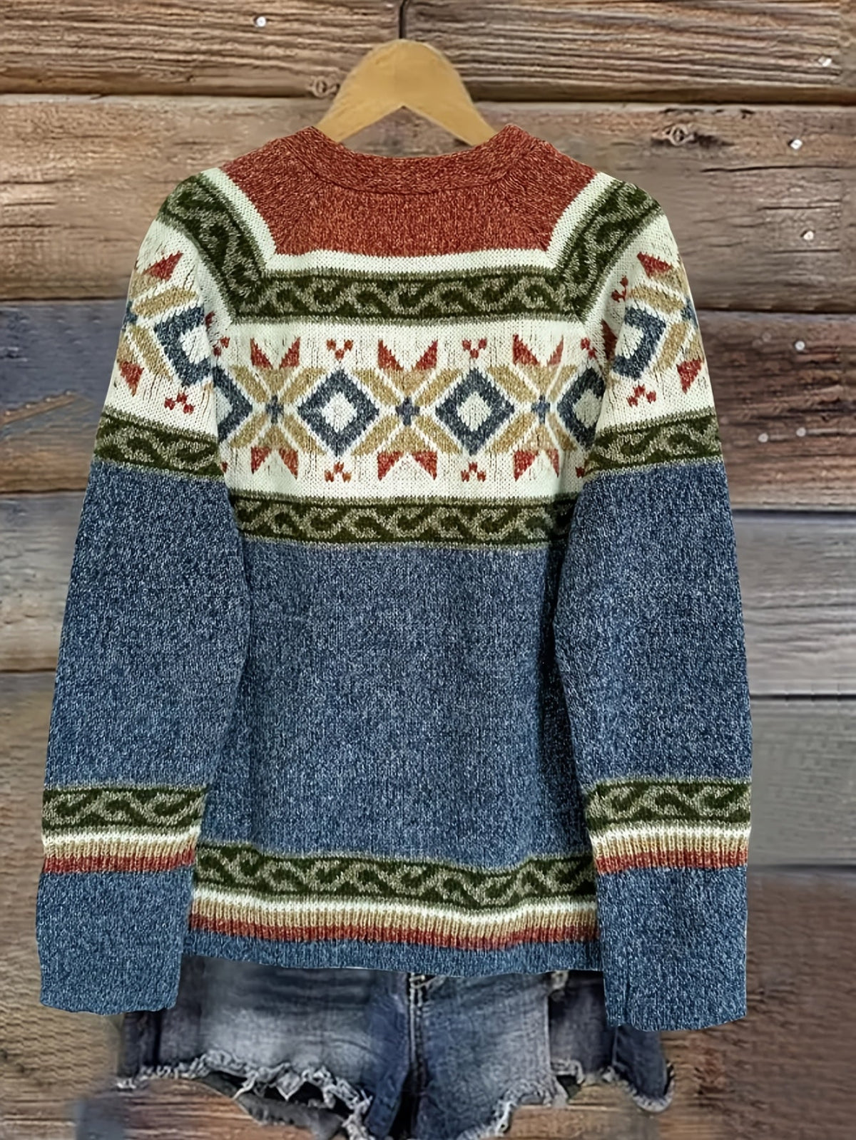 Women's Soft Knit Cardigan Sweater with Geometric Yoke Design