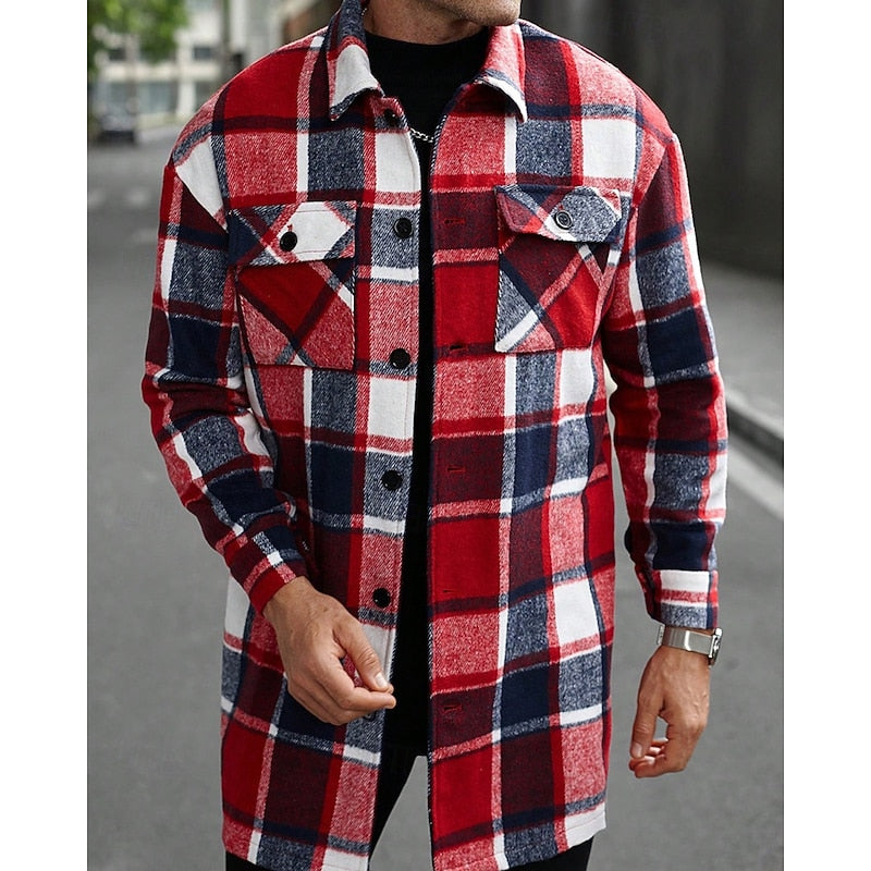 Men's Button-Front Checked Shirt Jacket with Pockets