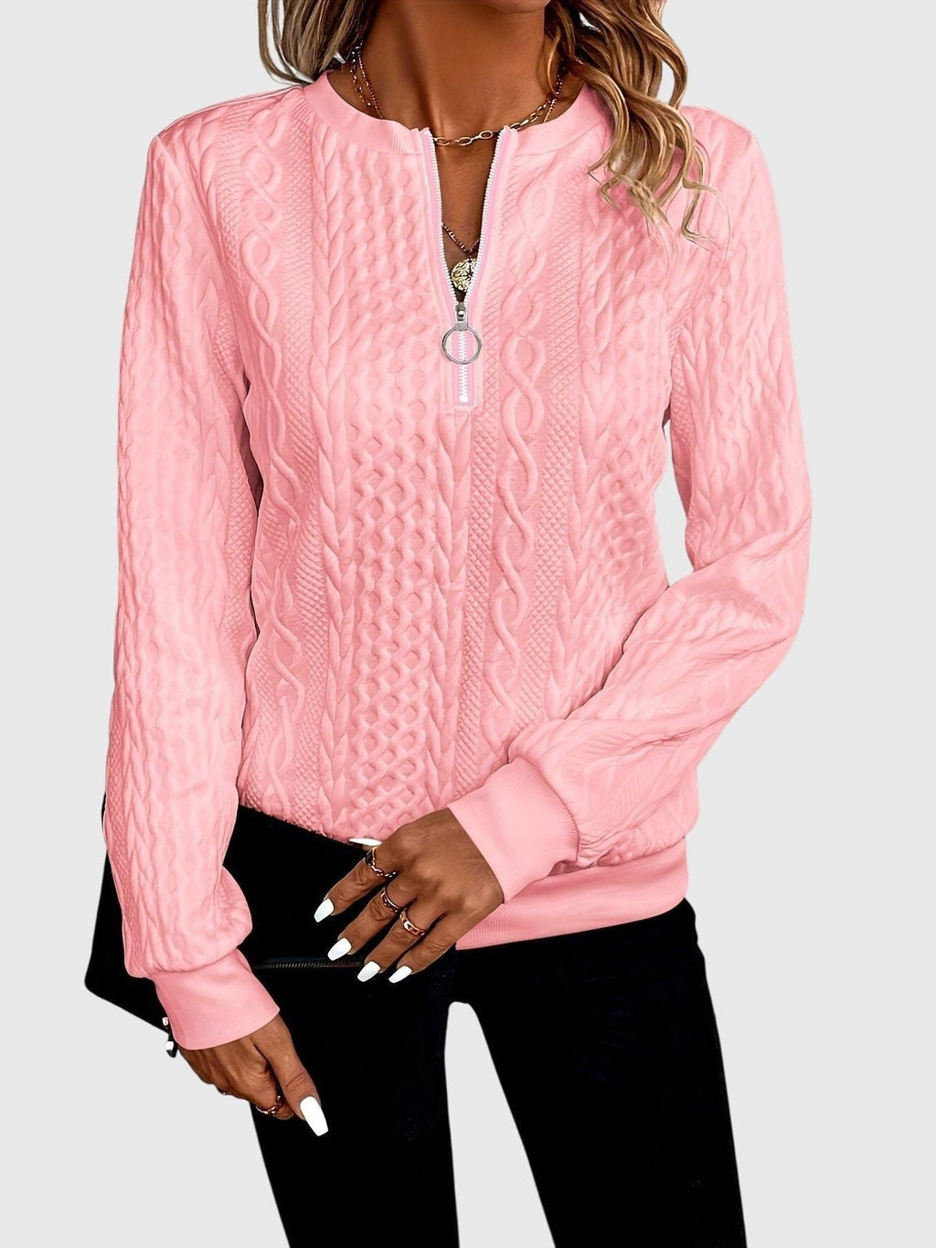 Women's Textured Cable Zip-Up Sweater Jacket