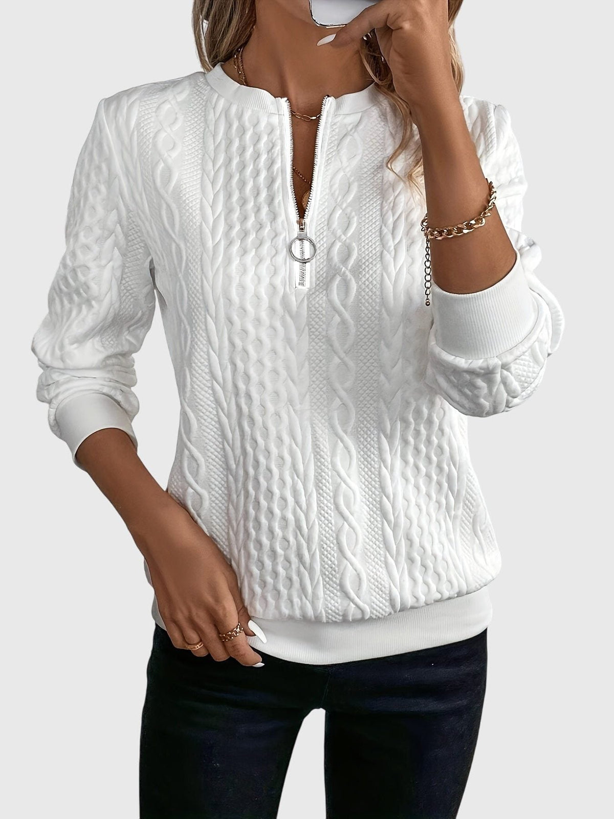 Women's Textured Cable Zip-Up Sweater Jacket