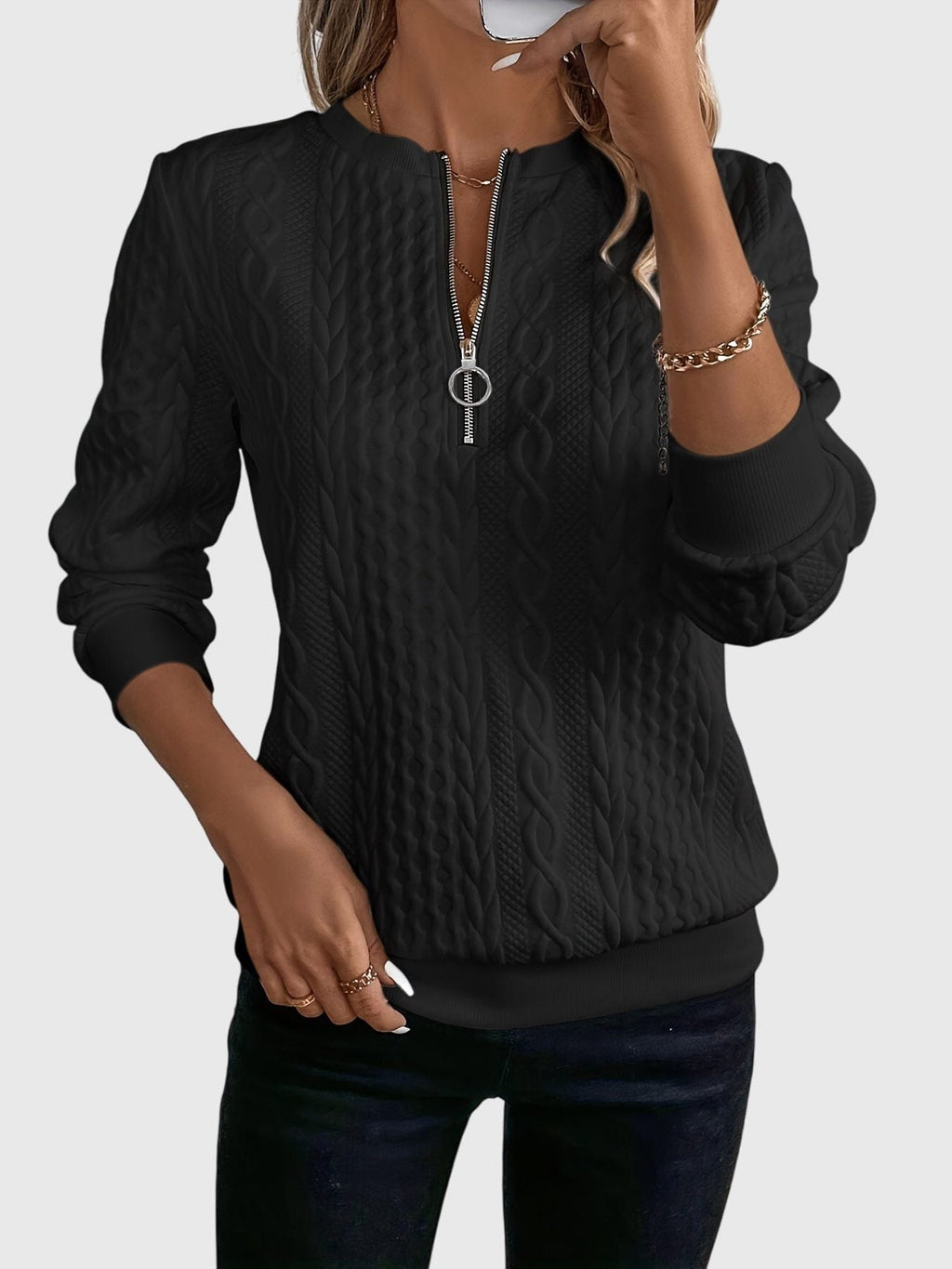 Women's Textured Cable Zip-Up Sweater Jacket