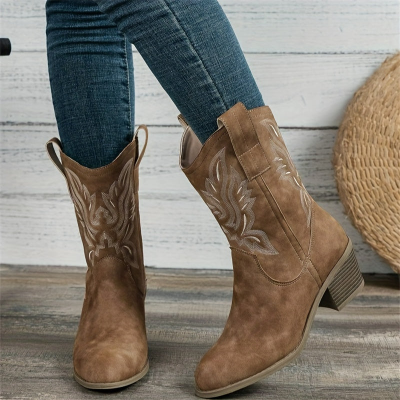 Women's Stacked Heel Wide Calf Embroidered Cowgirl Boots