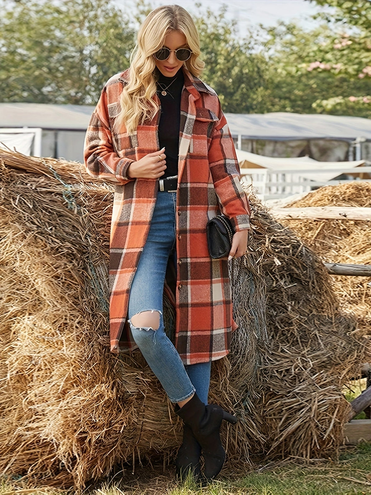 Women's Chest Pocket Longline Plaid Overcoat