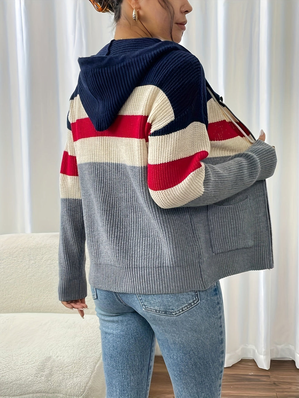Women's Zip-Up Ribbed Hoodie Sweater Cardigan