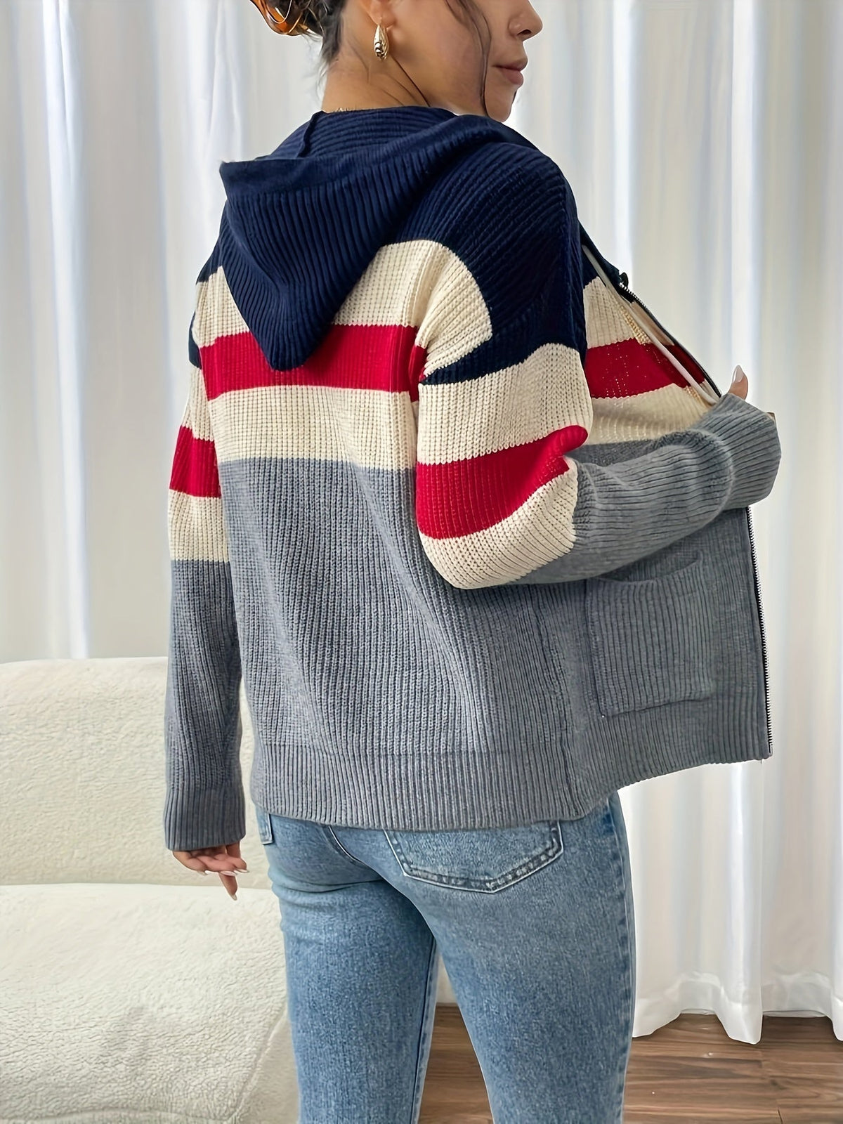 Women's Zip-Up Ribbed Hoodie Sweater Cardigan