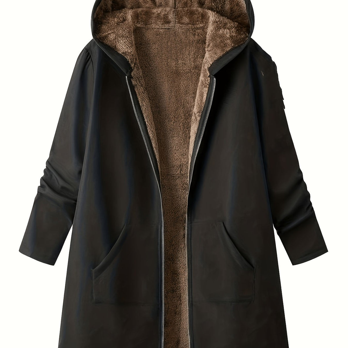 Women's Longline Zip-Front Coat with Soft Plush Hood
