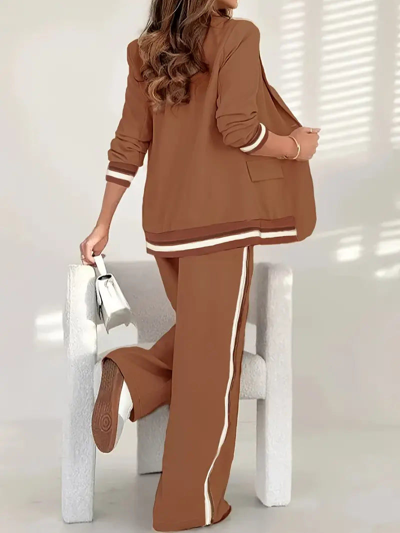 Women's Office Weekend Striped Trim Blazer Pantsuit Set