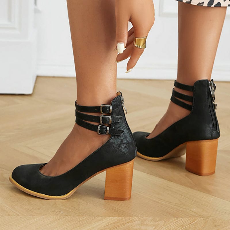 Women's Three-Strap Buckled Heeled Ankle Booties