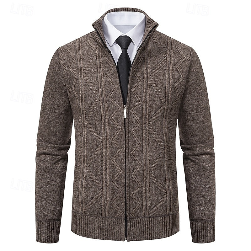 Men's Windproof Neckline Textured Knit Zip-Front Cardigan