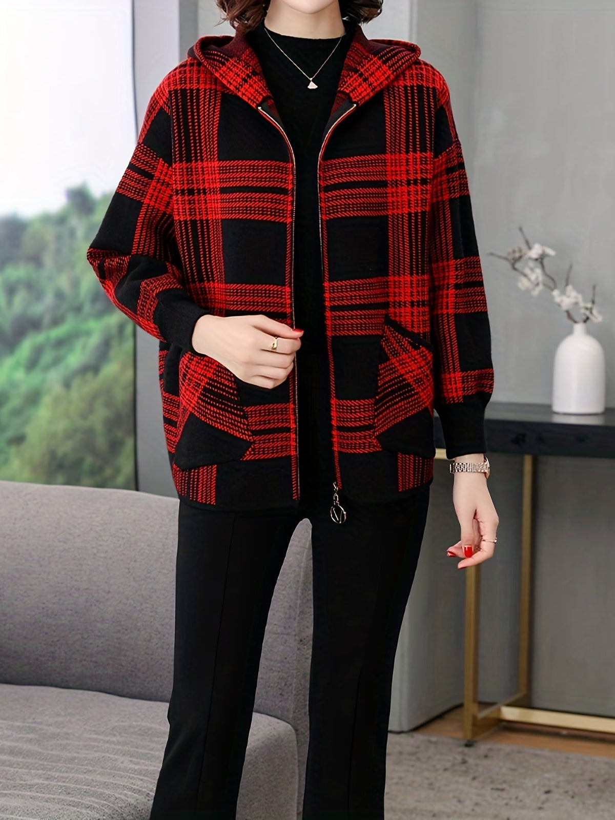 Women's Relaxed Check Print Hooded Zipper Jacket