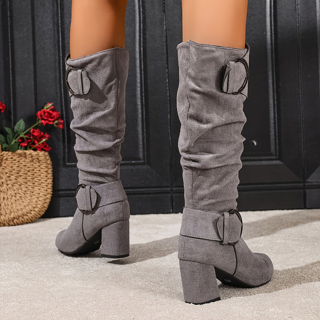Women's Double Buckle Slouchy Knee High Heeled Boots
