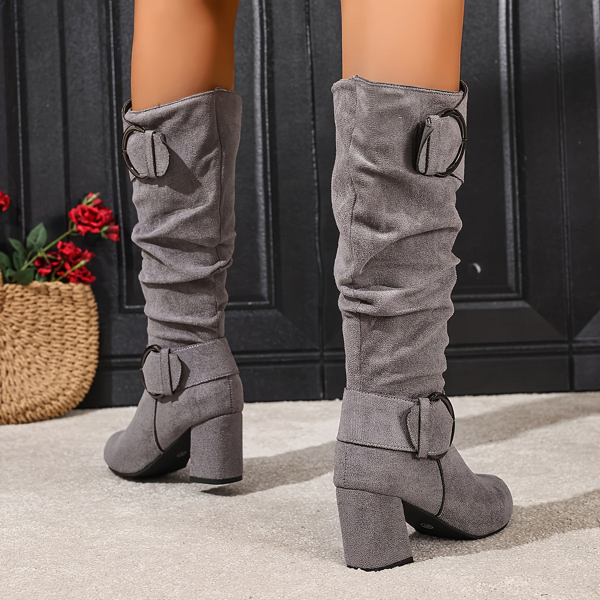 Women's Double Buckle Slouchy Knee High Heeled Boots
