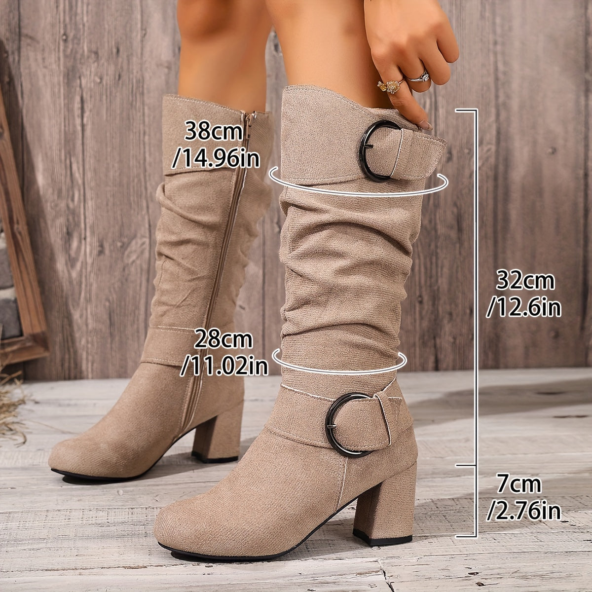 Women's Double Buckle Slouchy Knee High Heeled Boots