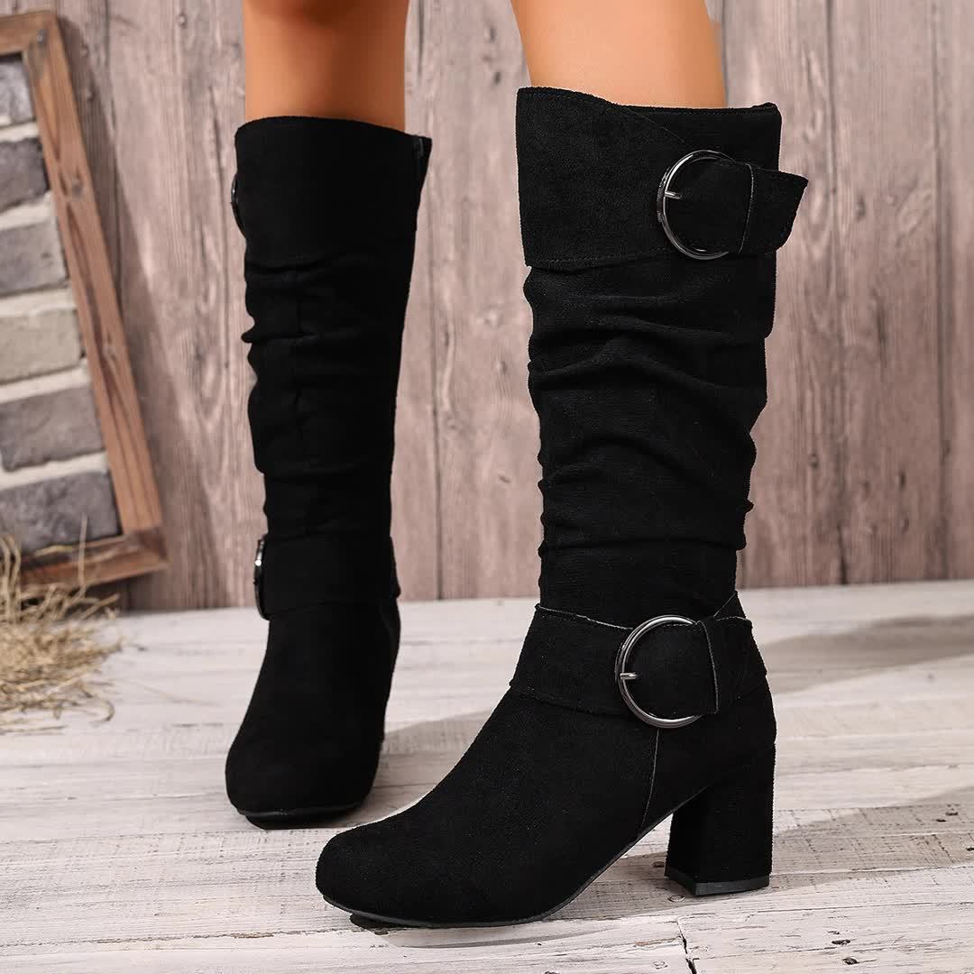 Women's Double Buckle Slouchy Knee High Heeled Boots