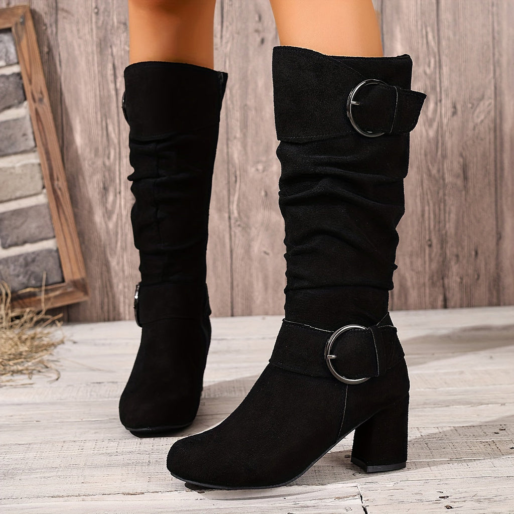 Women's Double Buckle Slouchy Knee High Heeled Boots