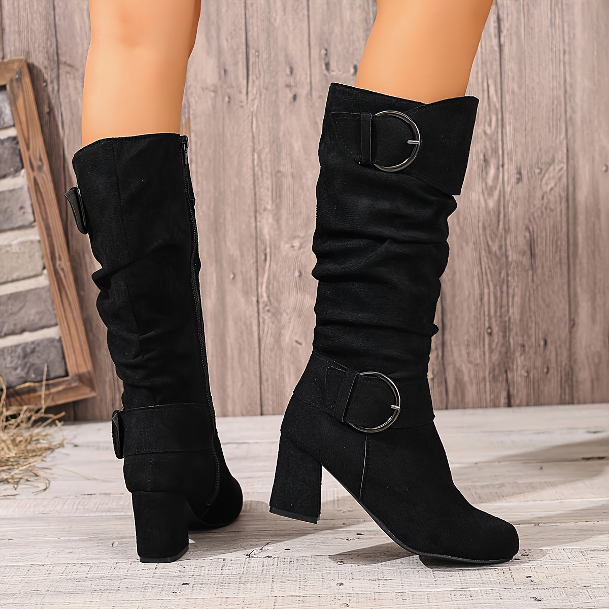 Women's Double Buckle Slouchy Knee High Heeled Boots