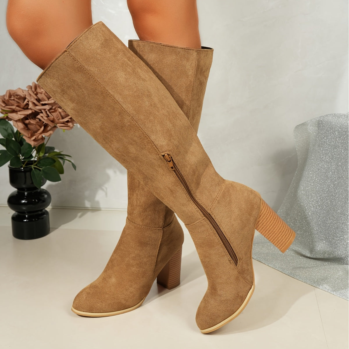 Women's Sleek Knee-High Boots on Stacked Heel