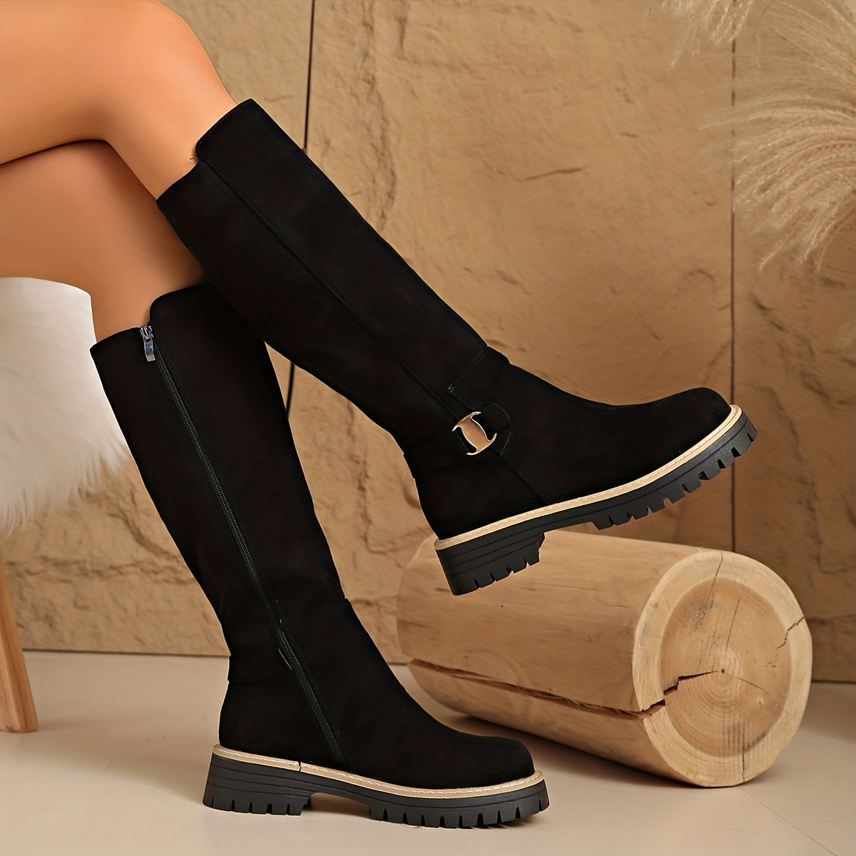 Women's Sleek Knee-High Boots with Suede-Look Upper