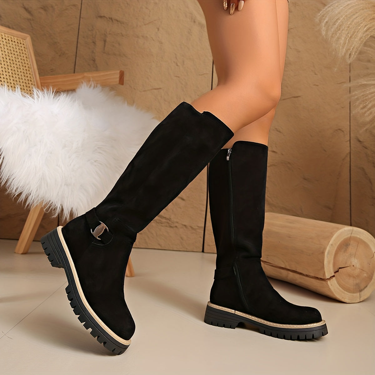 Women's Sleek Knee-High Boots with Suede-Look Upper