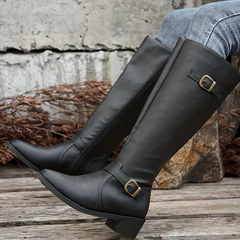 Women's Structured Knee-High Boots with Buckle and Smooth Finish