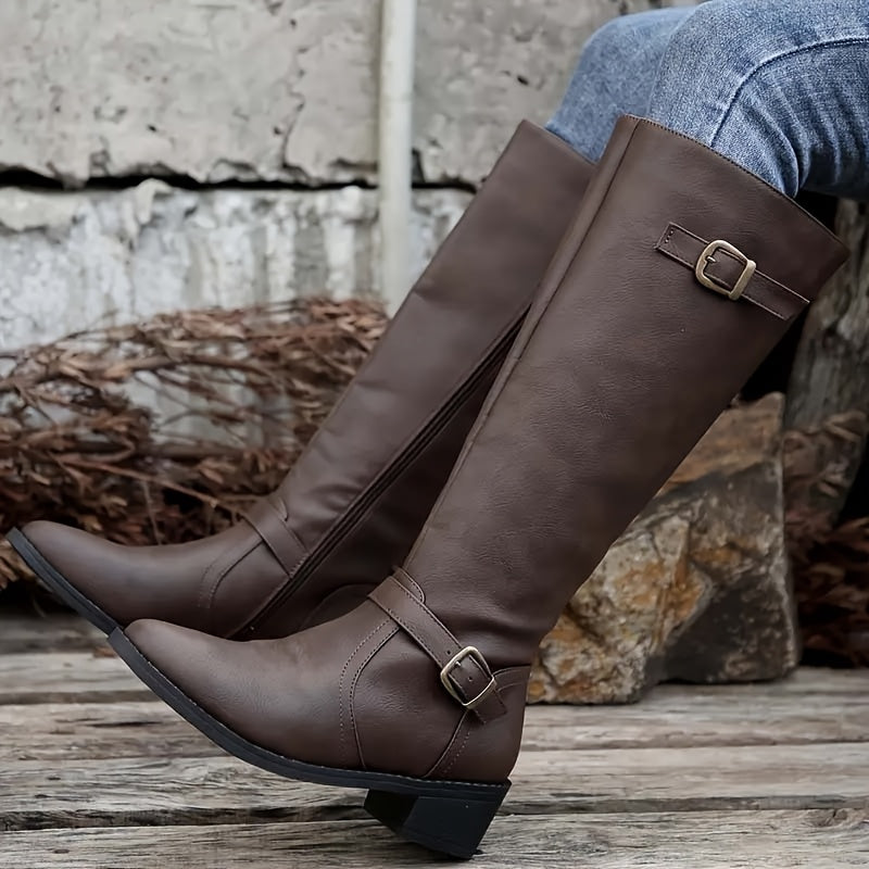 Women's Structured Knee-High Boots with Buckle and Smooth Finish