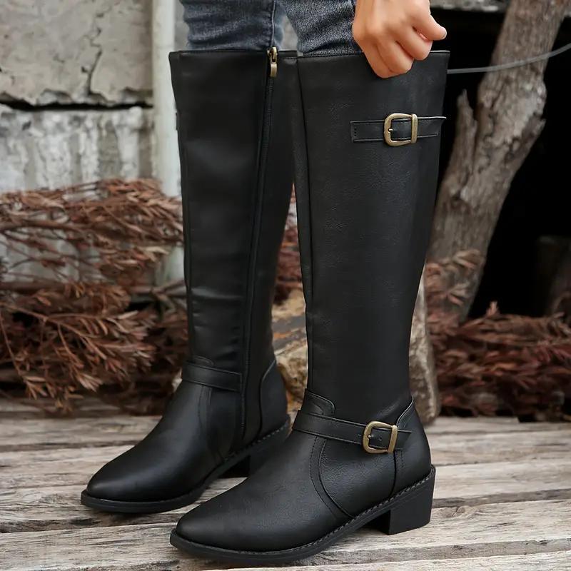Women's Structured Knee-High Boots with Buckle and Smooth Finish