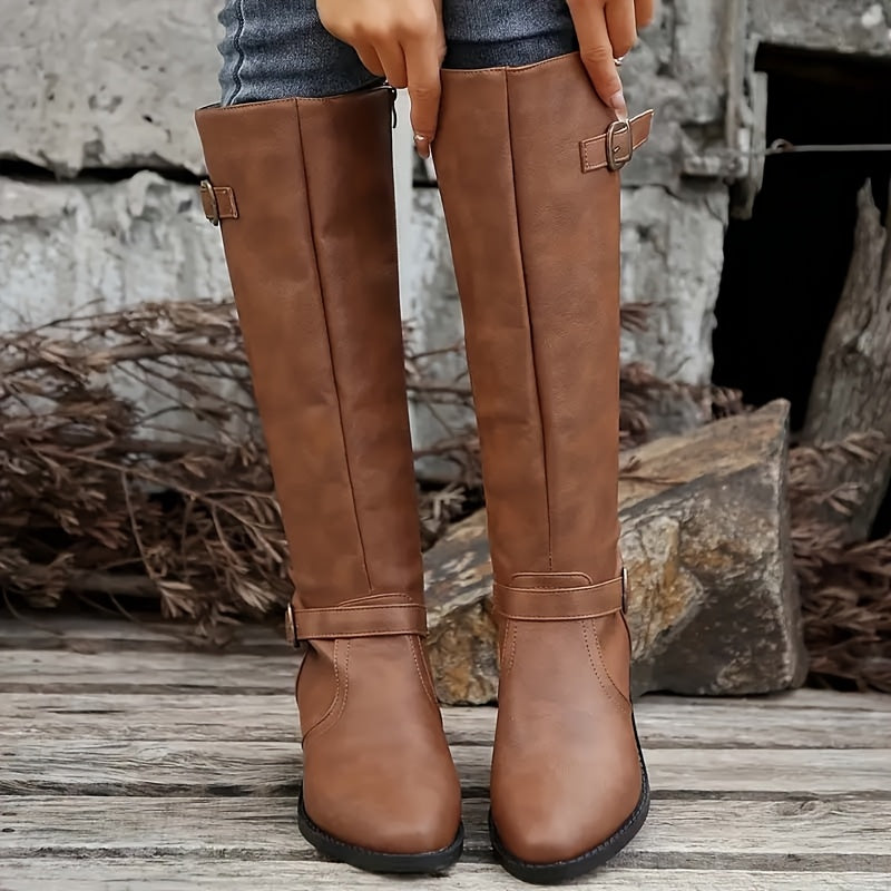 Women's Structured Knee-High Boots with Buckle and Smooth Finish