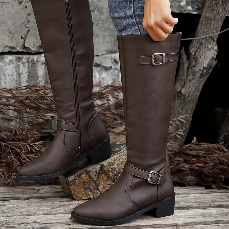 Women's Structured Knee-High Boots with Buckle and Smooth Finish