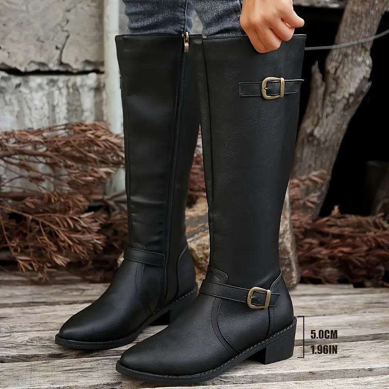 Women's Structured Knee-High Boots with Buckle and Smooth Finish