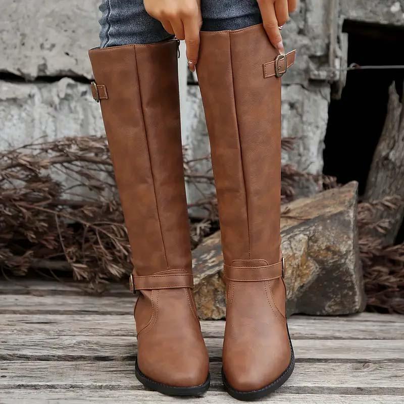Women's Structured Knee-High Boots with Buckle and Smooth Finish