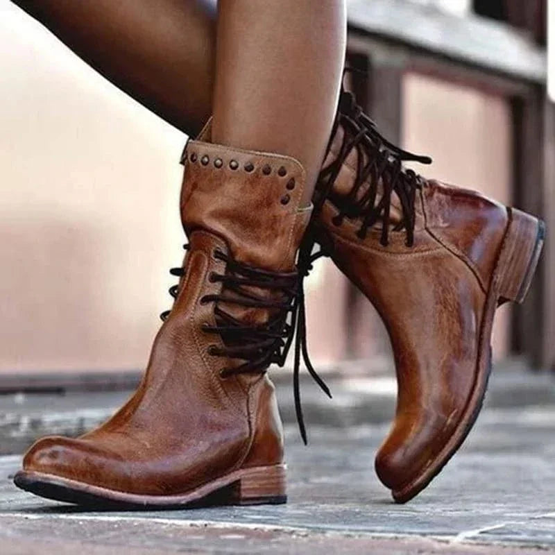 Women's Studded Collar Cross-Lace Leather-Look Ankle Boots