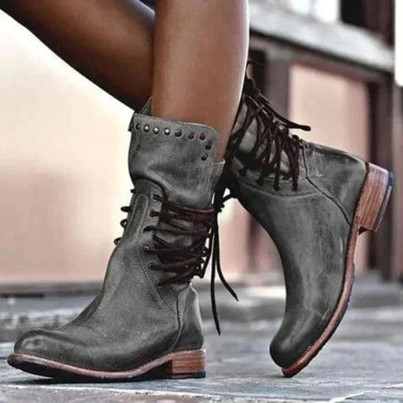 Women's Studded Collar Cross-Lace Leather-Look Ankle Boots