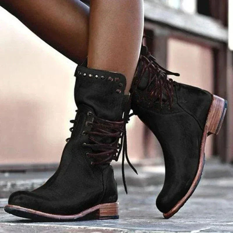 Women's Studded Collar Cross-Lace Leather-Look Ankle Boots