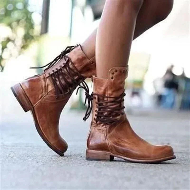 Women's Studded Collar Cross-Lace Leather-Look Ankle Boots