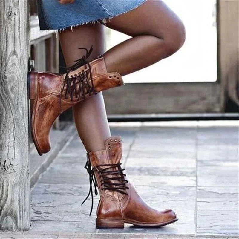 Women's Studded Collar Cross-Lace Leather-Look Ankle Boots