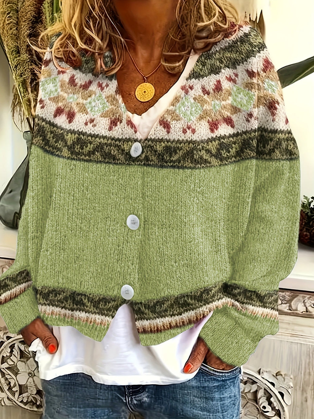 Women's Soft Knit Cardigan Sweater with Geometric Yoke Design