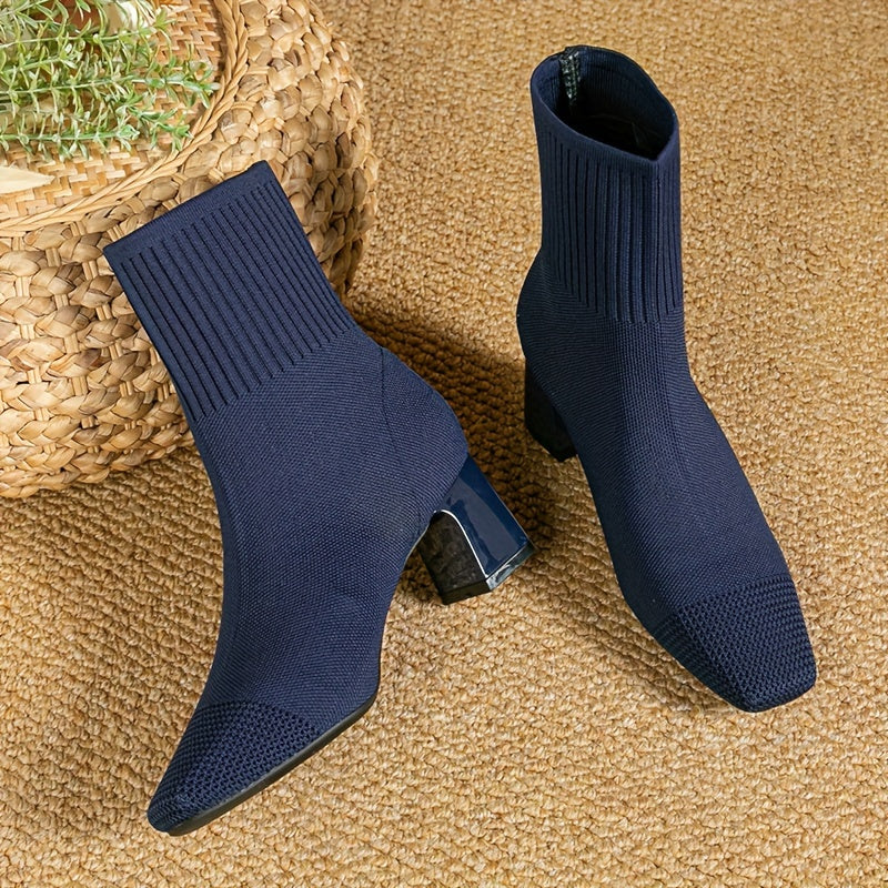 Women's Flexible Knitted Upper Short Boots with Block Heel