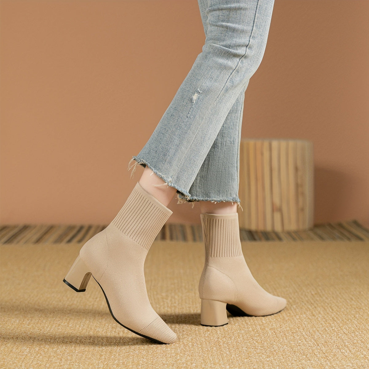 Women's Flexible Knitted Upper Short Boots with Block Heel