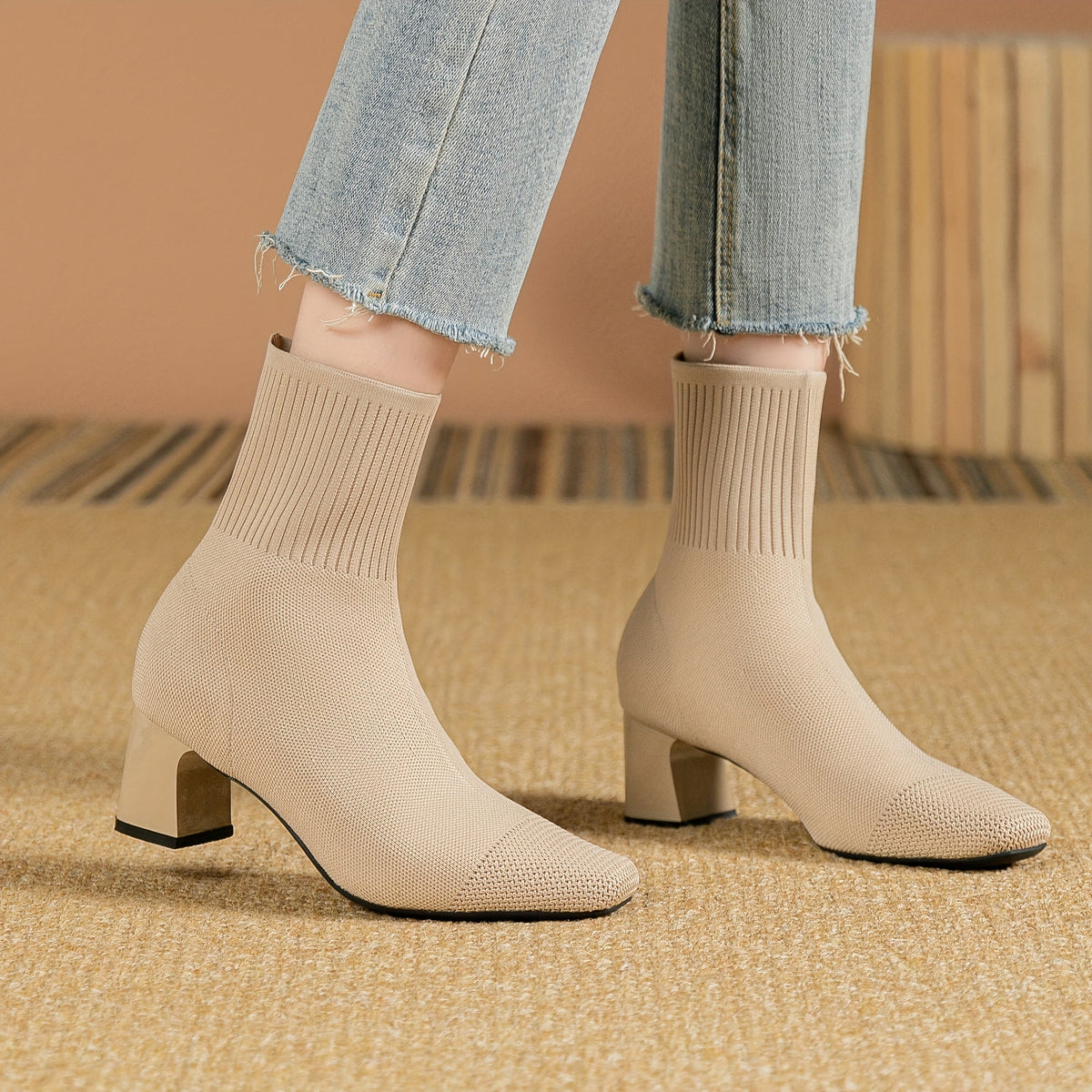 Women's Flexible Knitted Upper Short Boots with Block Heel