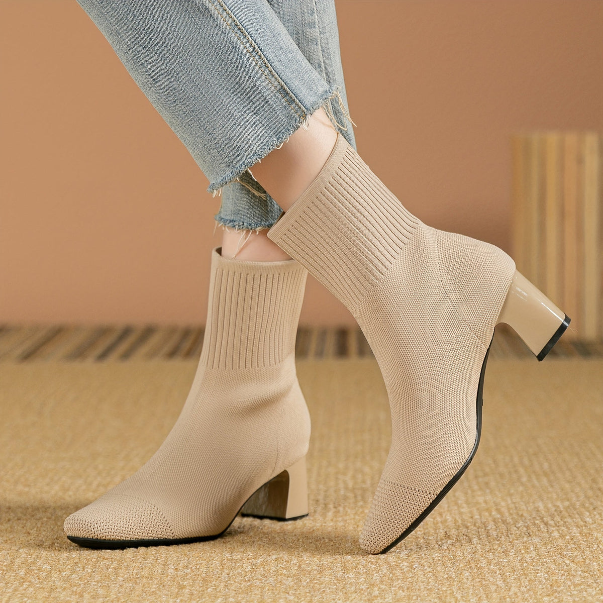 Women's Flexible Knitted Upper Short Boots with Block Heel