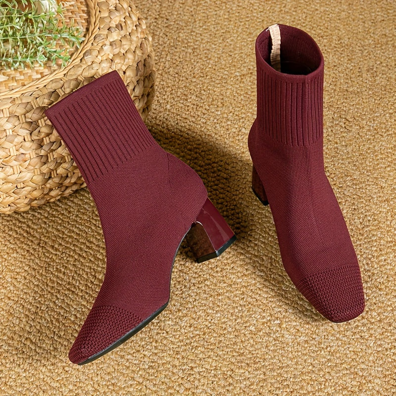 Women's Flexible Knitted Upper Short Boots with Block Heel