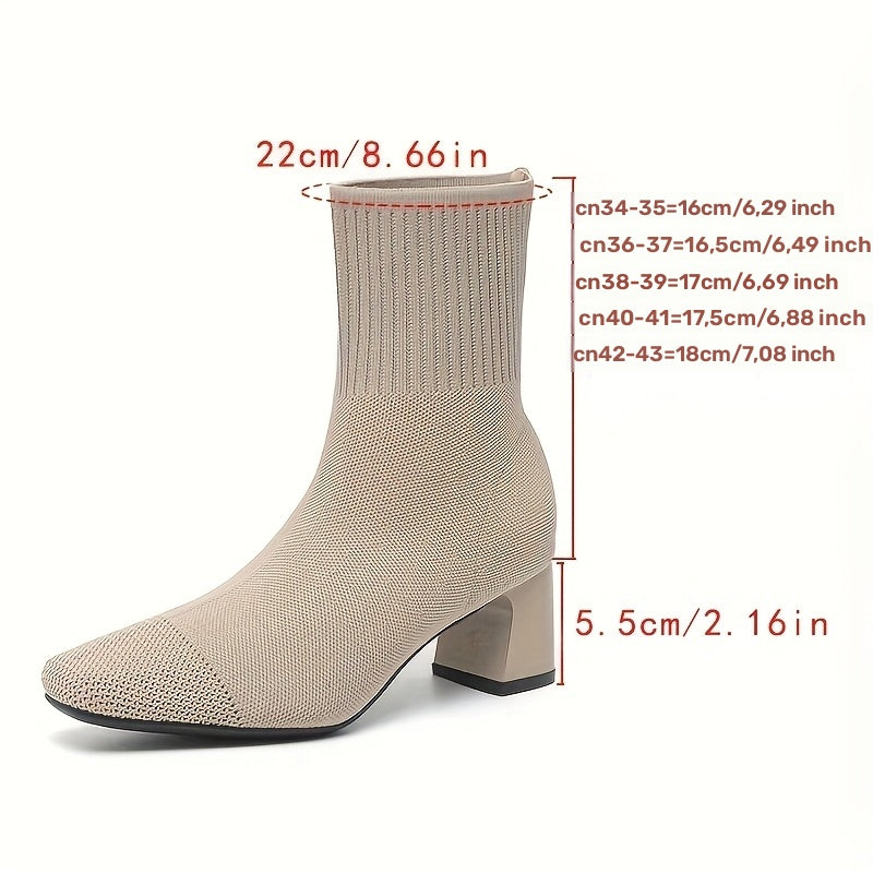 Women's Flexible Knitted Upper Short Boots with Block Heel