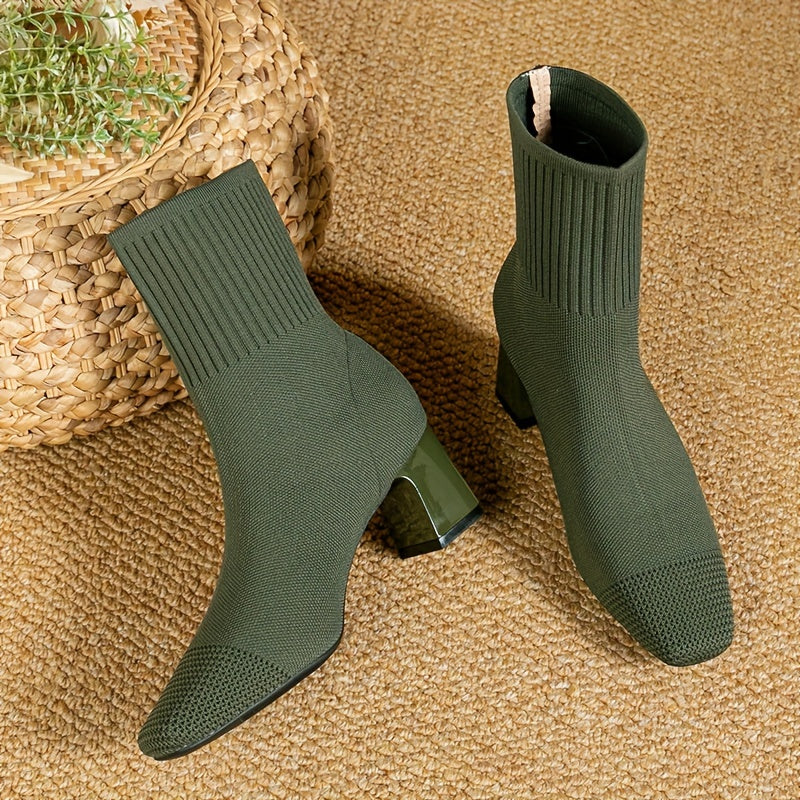 Women's Flexible Knitted Upper Short Boots with Block Heel