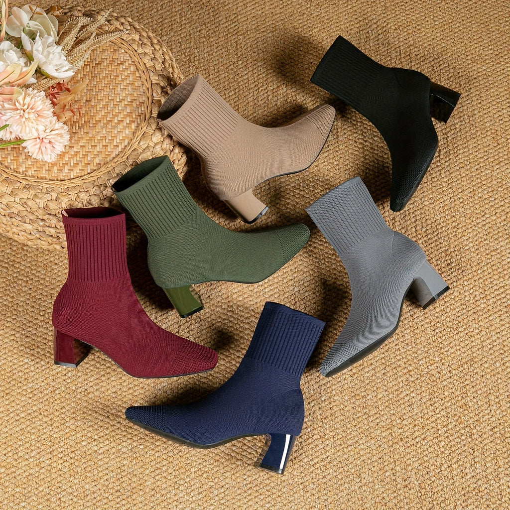 Women's Flexible Knitted Upper Short Boots with Block Heel